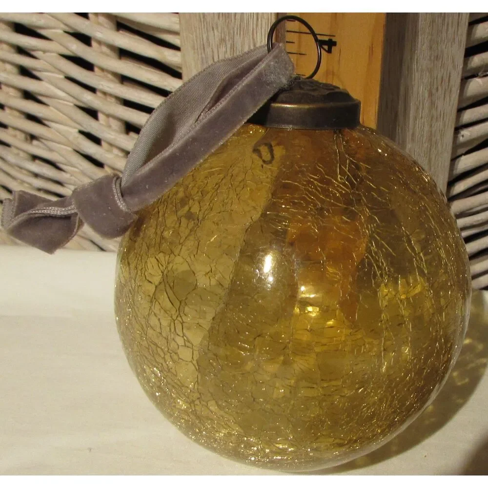 Kugel-style ice crackle glass ornaments set of 2 amber gold Victorian country